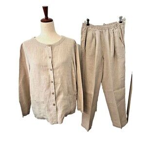 Eileen Fisher 100% LINEN Beige Striped Set Shirt (M) & Pants (S) Womens USA Made